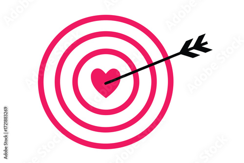 Pink target with heart and arrow hitting the bullseye on white background love