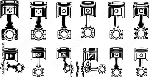 Car engine piston icons set. Collection of various engine pistons, highlighting diverse connecting rod and crankshaft configurations
