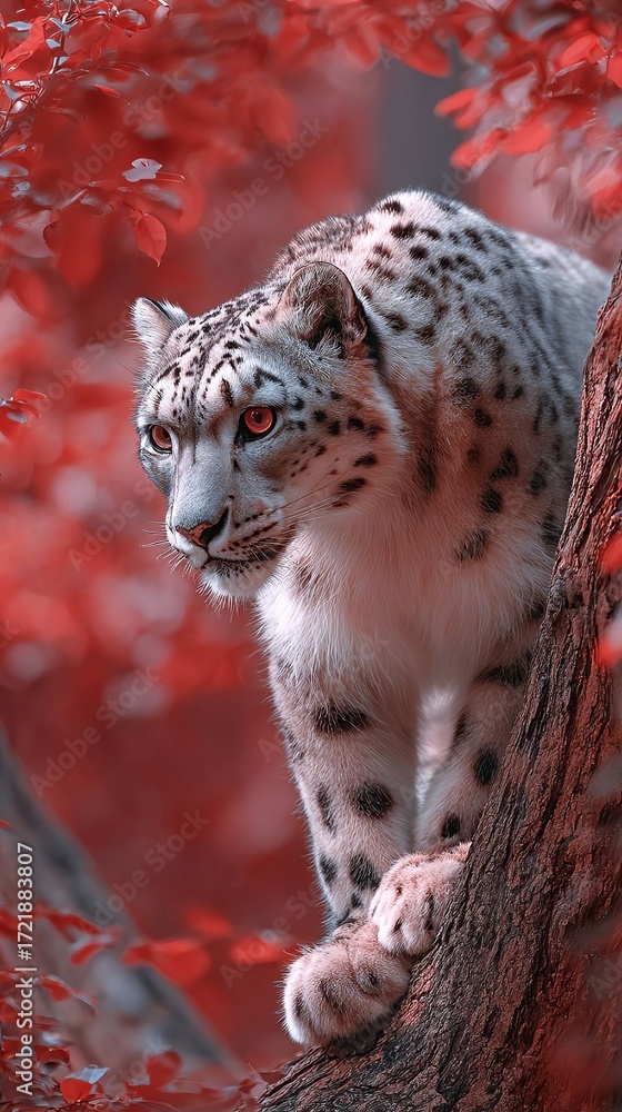 Obraz premium Majestic Snow Leopard in Crimson Autumn