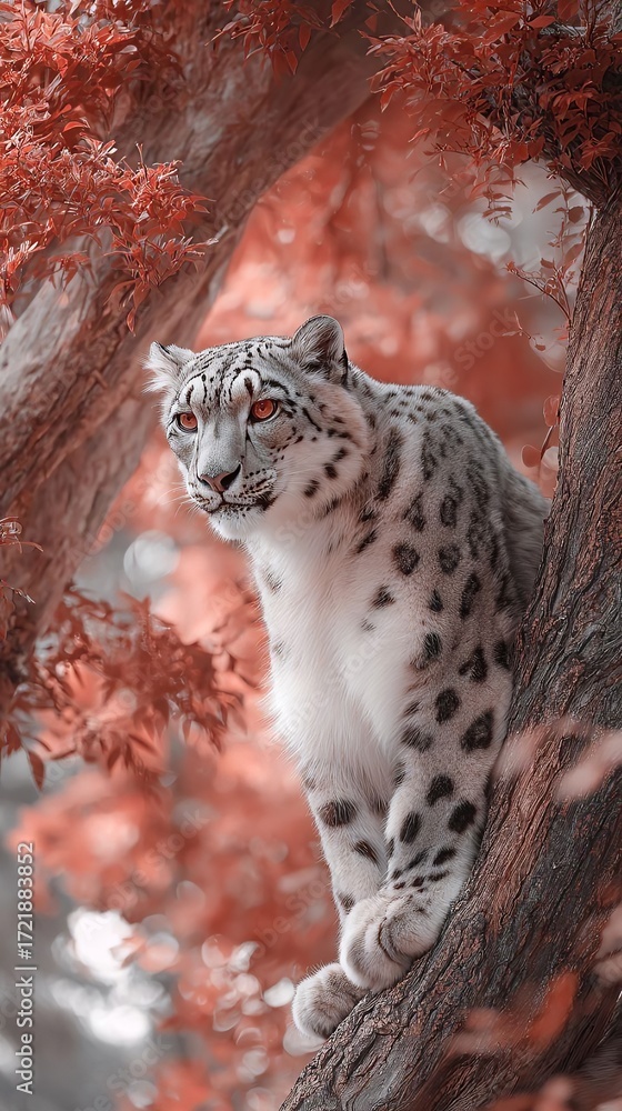 Fototapeta premium Majestic Snow Leopard in Crimson Autumn