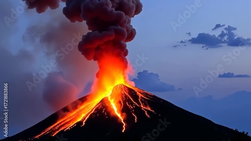Dramatic Eruption of Glowing Lava and Thick Smoke from a Volcano Captured Against a Dusky Sky with Billowing Clouds