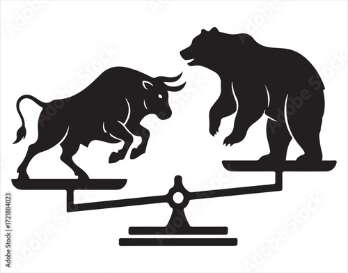 Bull and Bear on a Seesaw Symbolizing Market Balance and Financial Trends scale
