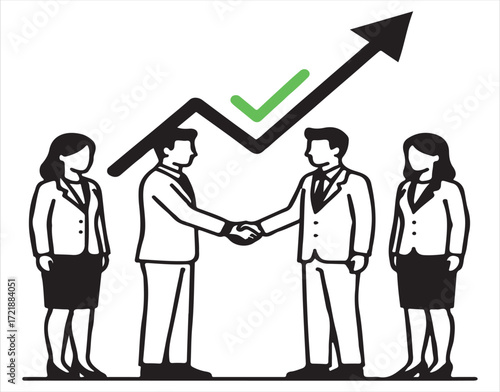 Business people shaking hands with growth chart and checkmark handshake agreement