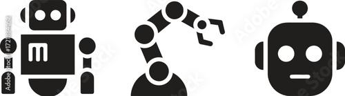 Set of three black robot icons on a white background