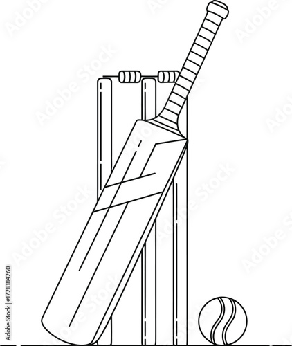 Cricket bat, ball and wickets on white background, line drawing