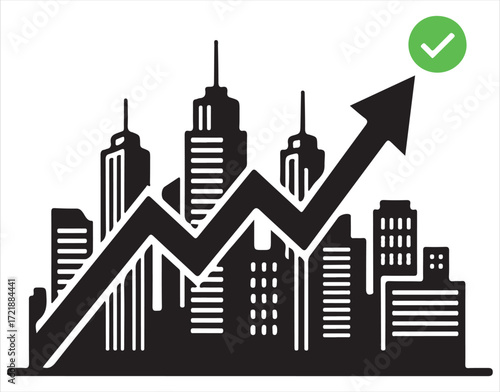 City skyline with upward trending graph and check mark skyscrapers buildings