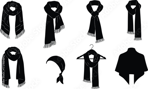 Black silhouette vector set of scarves and shawls in various styles, fashion accessories, neckwear, headwear, draped and hanging designs