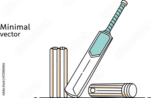 Cricket bat and wickets on plain background, sport equipment