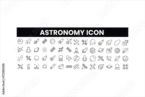 Astronomy and space exploration icon set. Thin line editable stroke icons for astrophysics, planets, rockets, astronauts, solar system, satellites, galaxies and outer space observation science