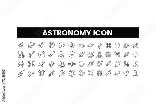 Astronomy and space exploration icon set. Thin line editable stroke icons for astrophysics, planets, rockets, astronauts, solar system, satellites, galaxies and outer space observation science