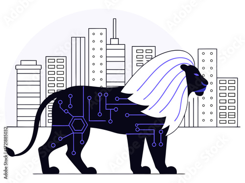 Digital lion with circuit board pattern on body standing in front of abstract city skyline vector illustration