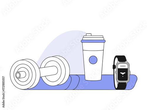 Fitness and healthy lifestyle concept with dumbbell, coffee cup, and smartwatch vector illustration