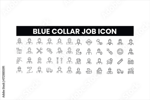 Blue collar jobs icon set. Thin line editable stroke icons for skilled trades, manual labor, essential workers, industry, public services, and field operations 