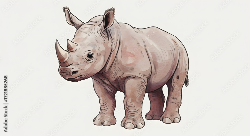 Fototapeta premium Watercolor Illustration of a Young White Rhinoceros Calf
