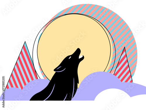 Stylized illustration of a black wolf howling at a large yellow moon with abstract colorful mountains and clouds in the background, vector illustration