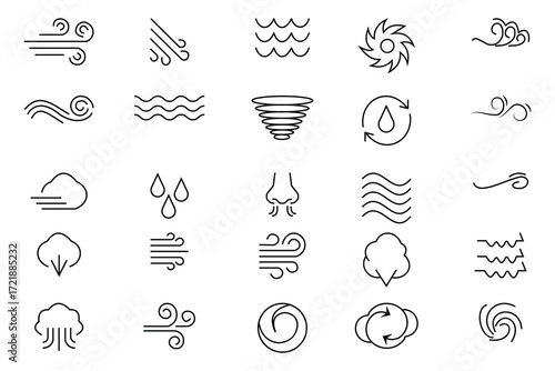 Wind icons.  Winds vector icons set. Natural movement of the air symbols.  Design graphic in outline style illustration.