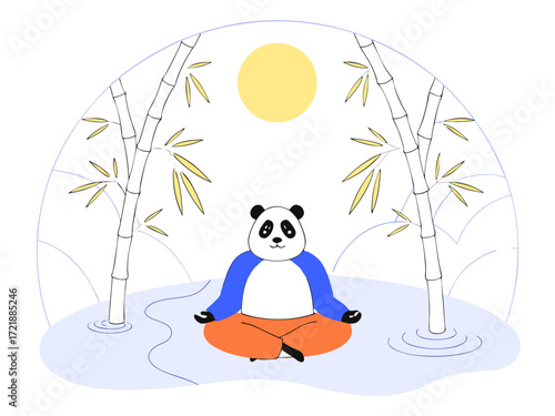 A meditating panda sits in a lotus position under a yellow sun and bamboo trees, vector illustration