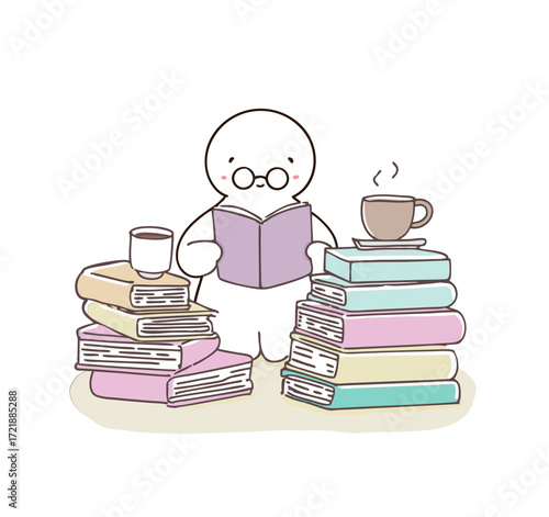 Reading Delight: An illustrative figure finds joy in the world of reading, surrounded by stacks of books, sipping a warm beverage, and immersed in the moment.