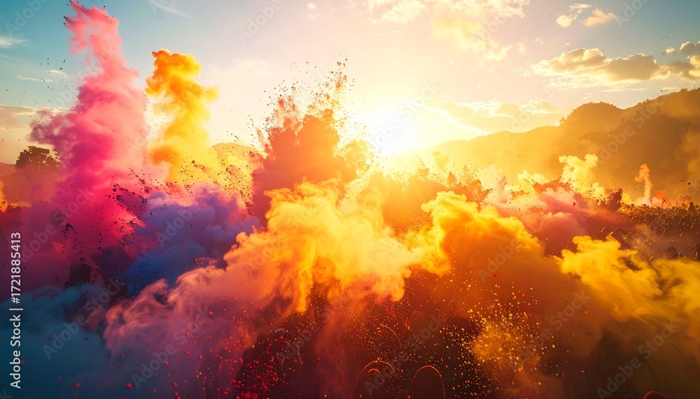 Fototapeta premium A magical Holi scene with vibrant clouds of powdered colors floating in the air, illuminated by golden sunlight, creating a surreal festival glow