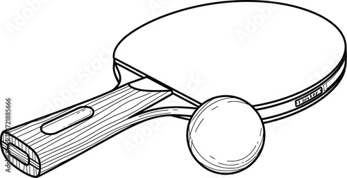 Table Tennis Paddle with Ball on White Background, Line Art