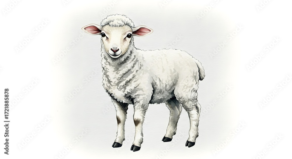 Fototapeta premium Watercolor Painting of a Young Lamb Standing on a White Background