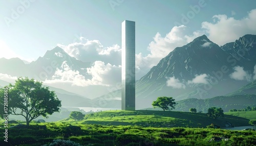Monolith in a serene landscape modern art against nature's majesty contrasting elements of future
