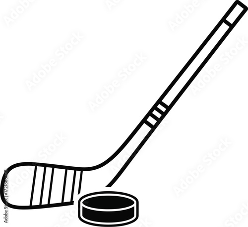 Black hockey stick and puck on white, sports equipment icon