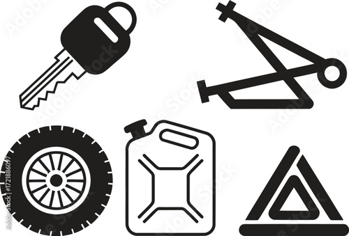 Car emergency kit icons including a key tire gas can jack and warning triangle