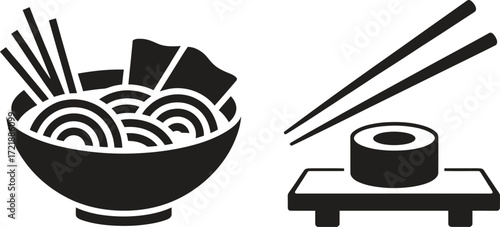 Simple black silhouette icon of ramen noodles and sushi roll