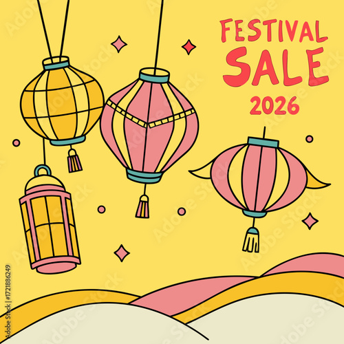 Festive lanterns hanging for a festival sale in 2026 with pink and yellow colors creating a cheerful and inviting atmosphere for shoppers