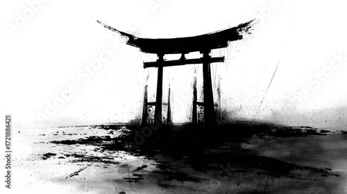 Japanese torii gate ink wash painting