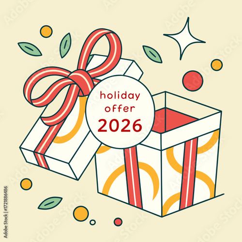 Festive holiday gift box with a red ribbon and bow surrounded by decorative elements promoting a special offer for the year twenty twenty six