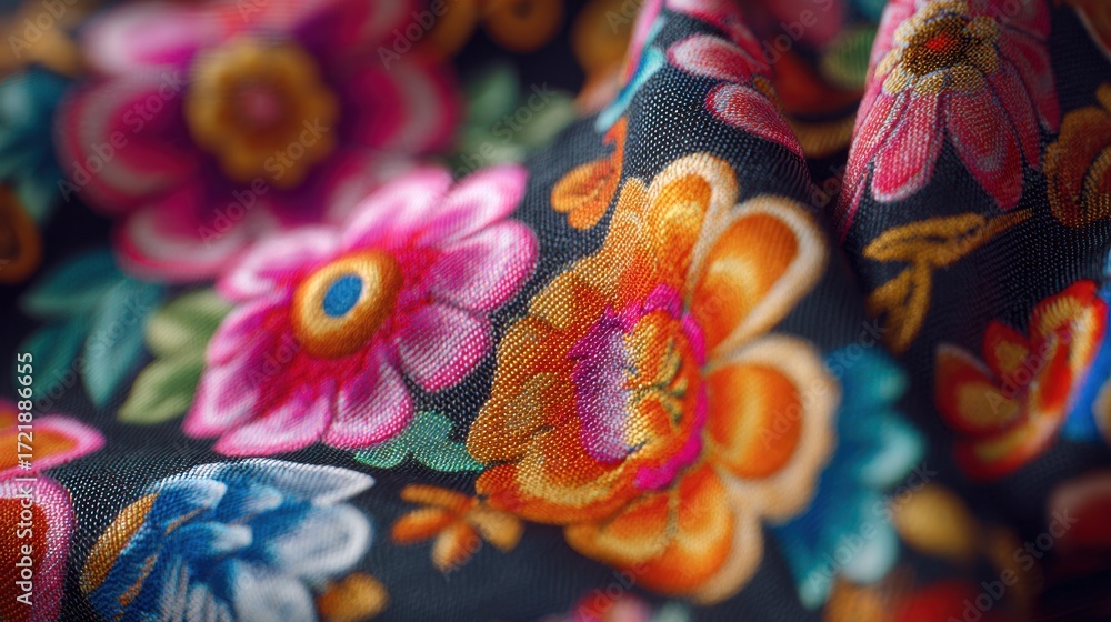 Naklejka premium Closeup of vibrant floral fabric pattern with sharp focus on petals blurred background enhancing intricate texture and rich colors in medium shot.