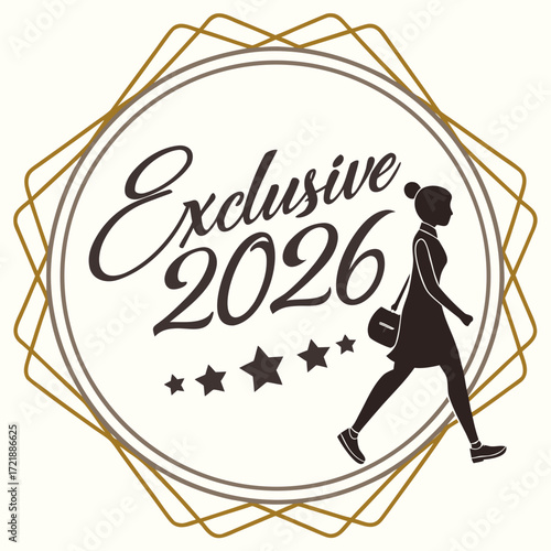 Elegant fashion brand logo featuring a stylish woman walking with a bag inside a decorative geometric frame for exclusive 2026 collections