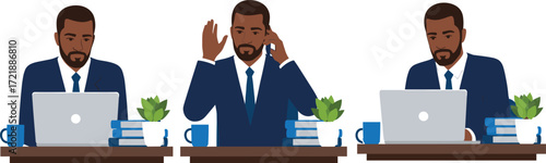 Office, work, multitasking, productivity, business, professional, laptop, desk, communication, typing, phone call, workspace, coffee, plant, modern, focus, routine, corporate, identical, illustration