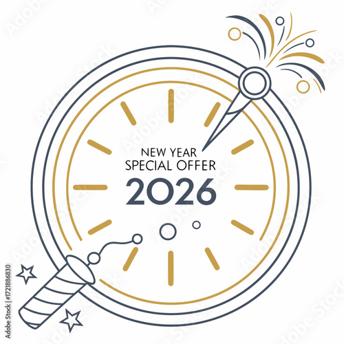 Elegant new year 2026 special offer design featuring a clock face and festive elements perfect for seasonal promotions and marketing campaigns