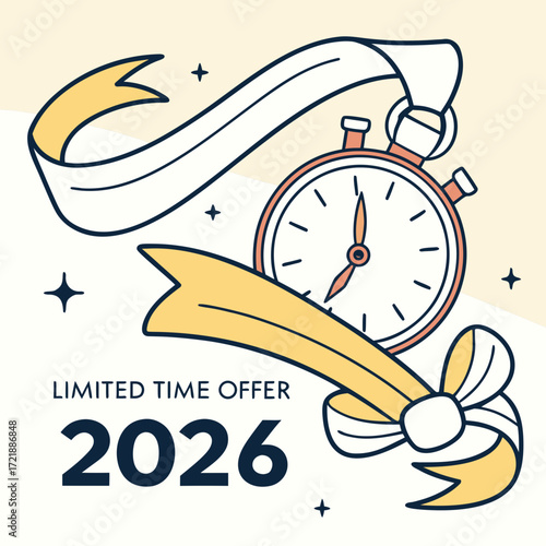Limited time offer illustration with a stopwatch and ribbon graphic promoting a special deal for the year 2026 in a promotional marketing campaign