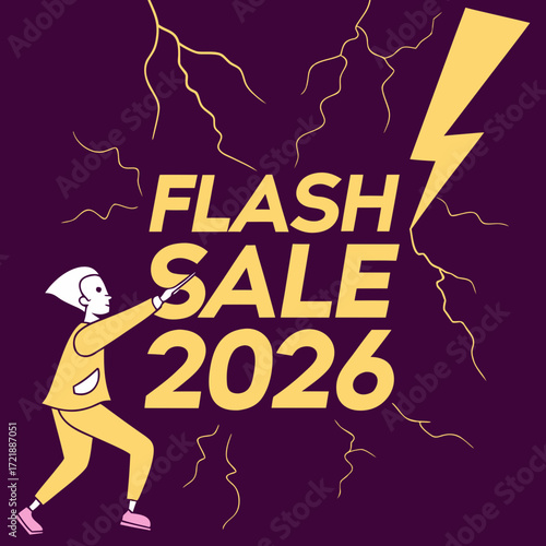 Wizard casting a spell for a flash sale in 2026 with lightning bolts on a purple background promoting a limited time offer and future shopping event