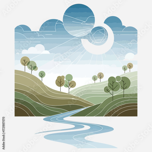A stylized landscape illustration depicting rolling hills, trees, a flowing river, and a radiant sun