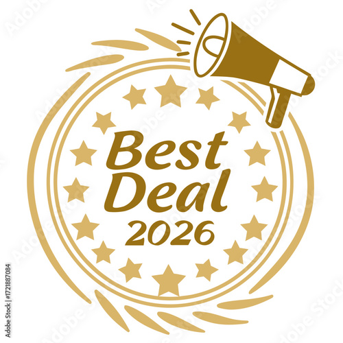 Best deal 2026 announcement with megaphone and stars in a circular badge design promoting special offers and discounts for the upcoming year