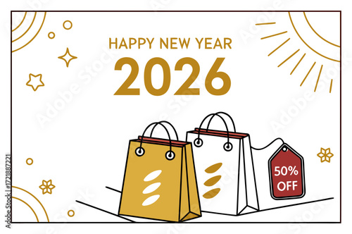 Happy new year 2026 celebration with shopping bags and a 50% off tag in a festive design perfect for holiday promotions and seasonal sales events