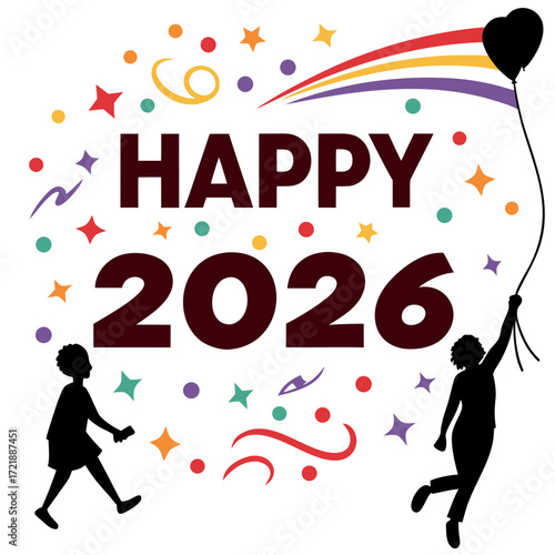 Cheerful happy 2026 new year celebration with confetti stars and silhouettes of children holding balloons against a white background