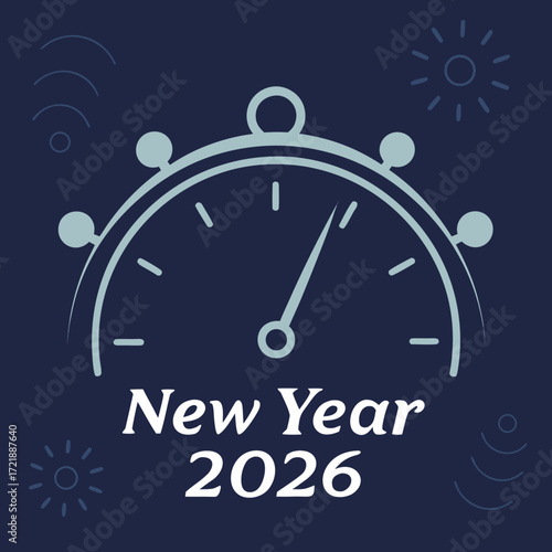 Clock striking midnight on new year's eve 2026 with festive decorations and a dark blue background creating a celebratory and hopeful atmosphere
