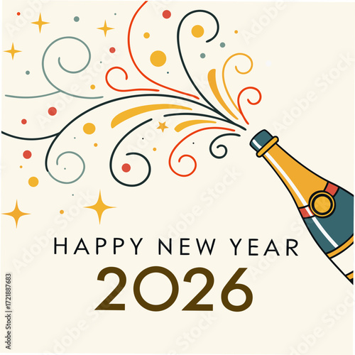 Festive happy new year 2026 celebration with champagne bottle and colorful swirls for holiday greetings and seasonal marketing campaigns