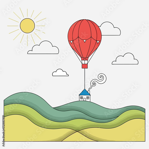 Whimsical Escape A Tiny House Lifted by a Red Hot Air Balloon