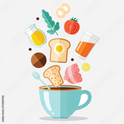 A vibrant mix of breakfast foods like toast, egg, and fresh juice artfully arranged around a cup, symbolizing a balanced and energizing morning meal