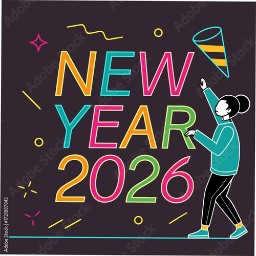 Celebrating new year 2026 with festive party popper and colorful decorations against a dark background for a fun and vibrant holiday invitation design