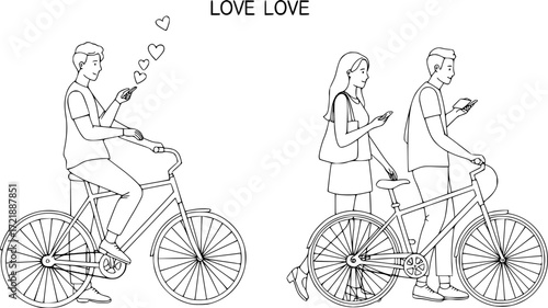 Couple in love, people line cad art. Vector illustration of teenager men and women standing walking talking sitting, bike in front back and side view. Symbol for architecture and landscape design draw