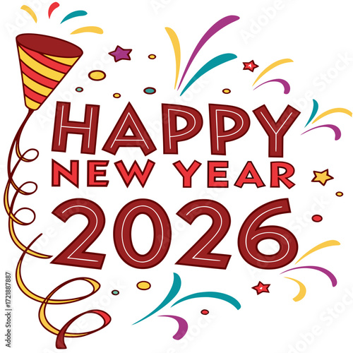 Cheerful happy new year 2026 graphic with party popper and colorful confetti for festive seasonal celebration and holiday greeting card design