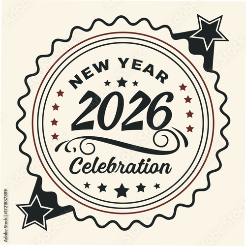 Festive new year 2026 celebration badge with stars and decorative elements for holiday greetings and event invitations with a vintage aesthetic